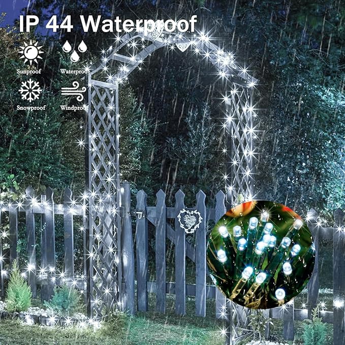 200L Christmas String Lights with Cool White Bulbs, 66FT Connectable String Light, 8 Lighting Modes with Green Wire for Garden, Tree, Patio Decor Christmas Decoration