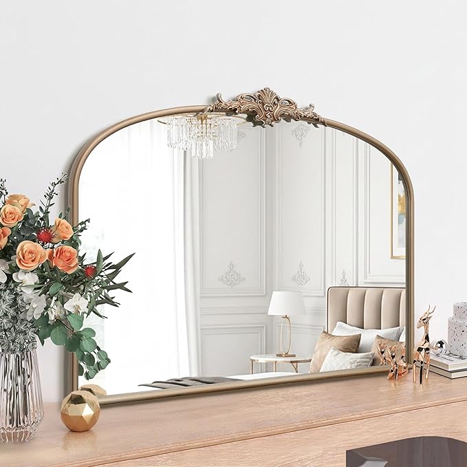 Besdomus Arched Vintage Gold Mirror: 40"x29" Large Champagne Gold Antique Wall Mounted Mirror - Baroque Traditional Ornate for Fireplace/Bathroom/Living Room - Home Decor for Fashion-Conscious