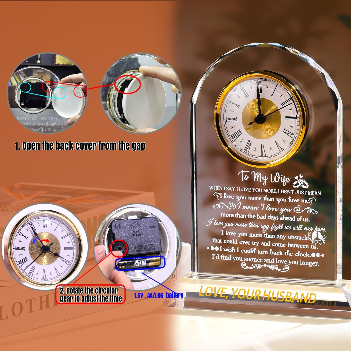Ornalrist Gifts for Wife from Husband - Crystal Clock, Birthday, Wedding Anniversary Marriage Gifts Idea - to My Wife Clock Presents for Valentines Mother's Day (8.8'' Gift Boxed)
