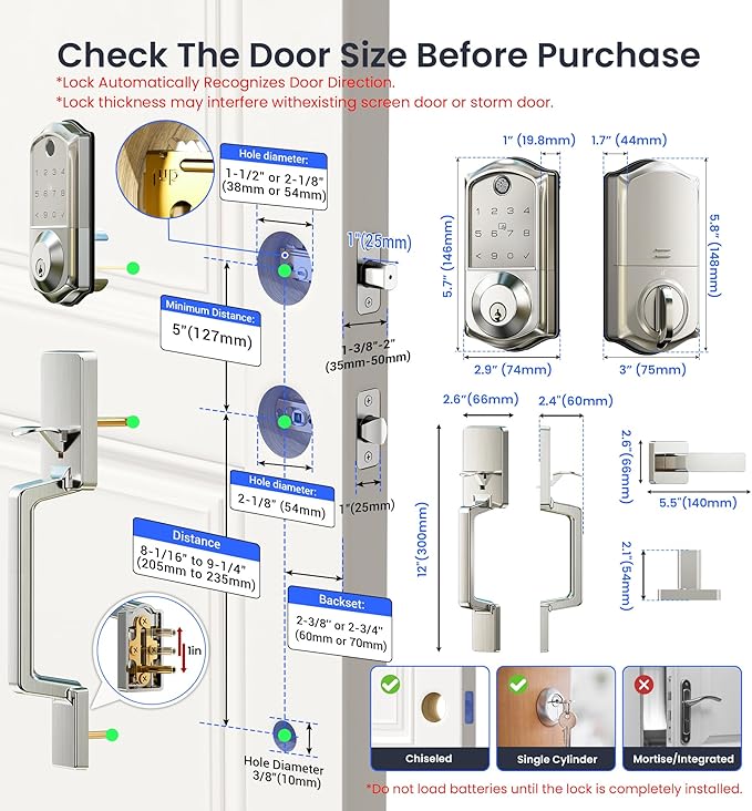 Veise VE017-D Smart Fingerprint Front Door Lock Set, App Control, 8-in-1 Keyless Entry Deadbolt with Lever Handle, Touchscreen Keypad, IP55 Weatherproof, Auto Lock, Easy Install, Satin Nickel