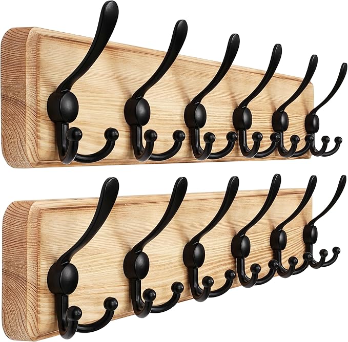 Dseap Coat Rack Wall Mounted - 24" Long 6 Tri Hooks, Heavy Duty Wooden Wall Coat Hanger Coat Hook for Clothes Hat Jacket Clothing, Weathered Light Natural and Black, Pack of 2
