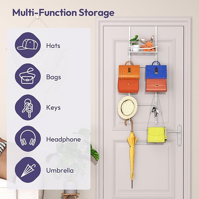 SWTYMIKI Over The Door Purse Organizer - Wall Mounted Purse Rack with 10 Hooks and Metal Basket, Hanging Handbag Storage Organizer Holds up to 10 Bags, Bag Rack Can Use As 1/2 Part, for Door, Closet