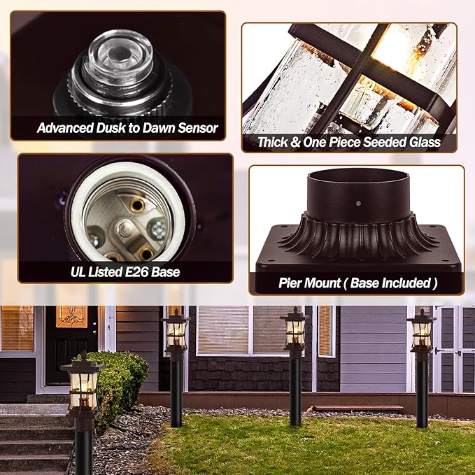 Dusk to Dawn Bronze Outdoor Post Light Fixtures with Pier Mount Base, 2 Packs Outdoor Pole Lighting, Waterproof Pillar Lantern, Farmhouse Outside Column with Seeded Glass for Pathway, Garden, Patio