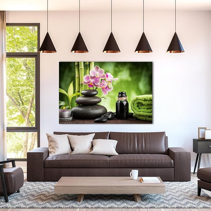 GUTTATY Zen Wall Art Decor, Modern Bathroom Zen Decor Wall Art, Canvas Wall Art for SPA Zen Room Decor, Green Bamboo and Pebble Relaxing Art Prints for Office & SPA Wall Decor 24x36 Inches