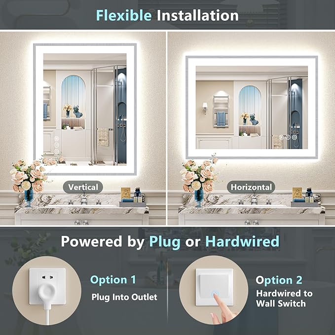 24x32 Brushed Nickel LED Bathroom Mirror with Lights, Sliver Framed Backlit and Front Lit Anti-Fog Lighted Vanity Mirrors for Bathroom Wall, Dimmable, 3 Colors, Memory, Tempered Glass, CRI＞90