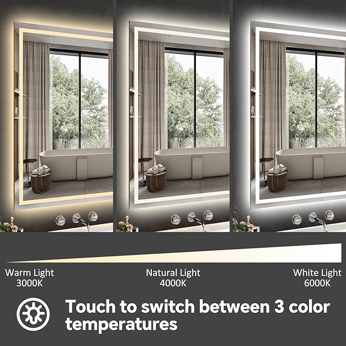 LED Bathroom Mirror 32x40 Inch Anti-Fog Bathroom Mirror with Lights, Wall Mounted Lighted Vanity Mirrors, Dimmable, Backlit + Front Lit, Smart Bathroom Vanity Mirror with 3 Colors Temperature