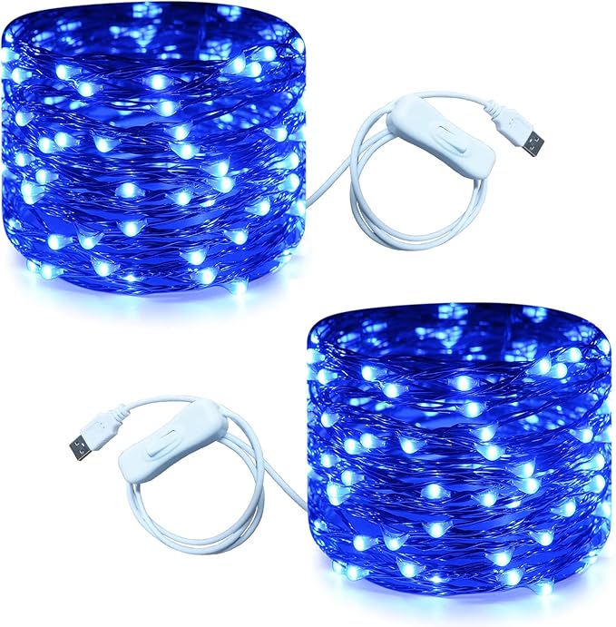 RUICHEN 20 Ft 120 LED USB Fairy String Lights with On/Off Switch, Waterproof Copper Wire Lights for Bedroom Wall Ceiling Wreath Crafts Christmas Easter Wedding Party, Blue, 2 Pack