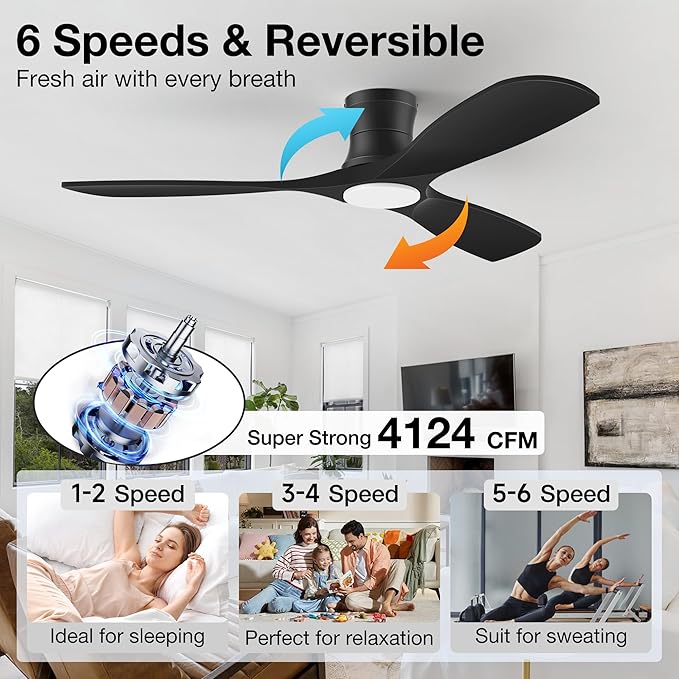 52” Smart Wood Low Profile Ceiling Fan with Lights Remote,Quiet DC Motor,Outdoor Indoor Flush Mount Ceiling Fans Controlled by WIFI Alexa App,Modern Black for Bedroom Living Room Patio Porch