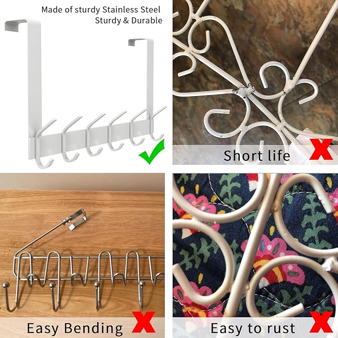 YUMORE Over The Door Hooks, Heavy Duty Over Door Hanger Stainless Steel for Coats Robes, Hanging Towel Rack Back of Bathroom Bedroom Door, Long Arms Easy Reach, White