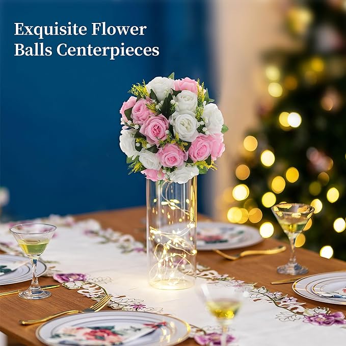 BLOSMON Flower Balls Rose Centerpieces: 2 Pcs Pink 9.5 Inch Fake Flowers Kissing Balls Decor Artificial Wedding Floral Arrangements Silk Flower Bouquet with Base Home Party Room Table DIY Decorations