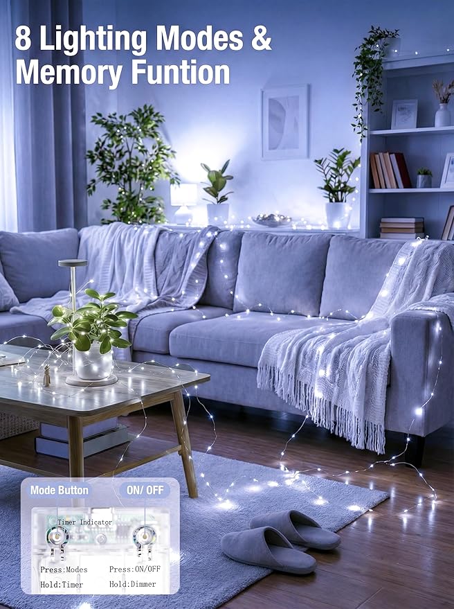 btfarm 4 Pack Fairy Lights Battery Operated with Timer, 16.4 FT 50 LED Silver Wire Twinkle String Lights 8 Modes Dimmable Waterproof for Indoor Christmas Bedroom Wedding Decorations, Cool White
