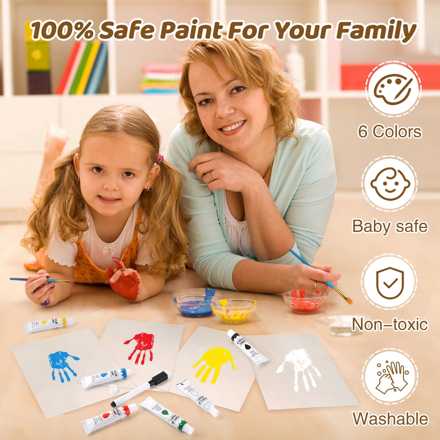 Omrhvi Family Handprint Kit, Hand Prints Keepsake Frame, DIY Craft Gift for New Parents & Mom & Baby, Grandparents, Mother's Day, Father's Day, Adoption Day, Anniversary, 6 Non -Toxic Paints (Brown)