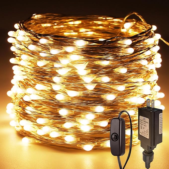 RUICHEN Plug in Fairy Lights with Switch, Waterproof 66 Ft 200 LED Silver Wire Starry String Firefly Lights for Bedroom, Patio, Garden, Balcony, Dorm, Warm White