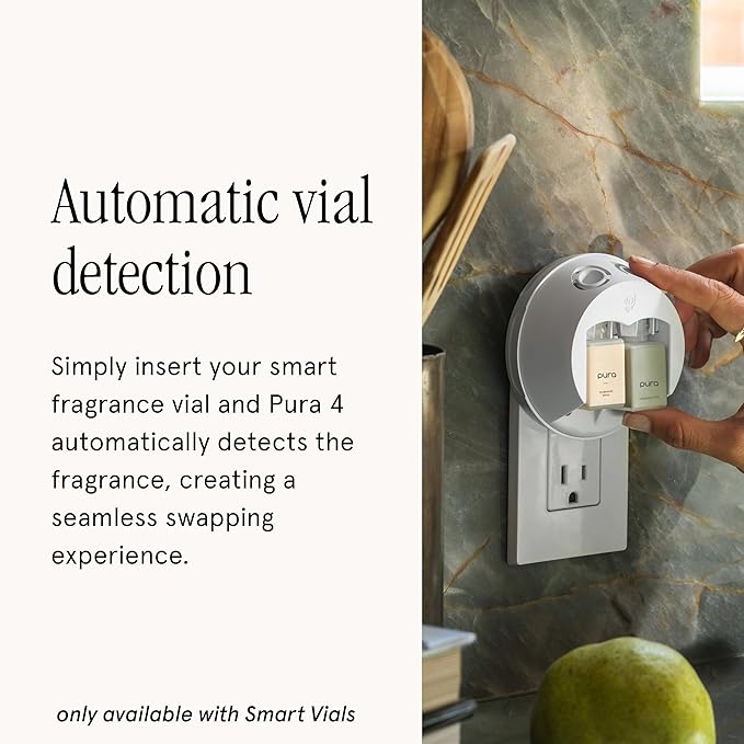 Pura Smart Home Fragrance Device Starter Set - Pura 4 - Scent Diffuser for Home - Includes Fragrance Aroma Diffuser - Square Box, Cardamon Vanilla and Ylang Pistachio Scent Refills