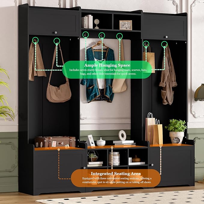 79.1''Wide Modern Hall Tree with Shoe Storage and 7 Coat Hooks, 4-in-1 Entryway Bench with 8 Cubbies and Adjustable Shelf for Hallway, Living Room (Black/78)