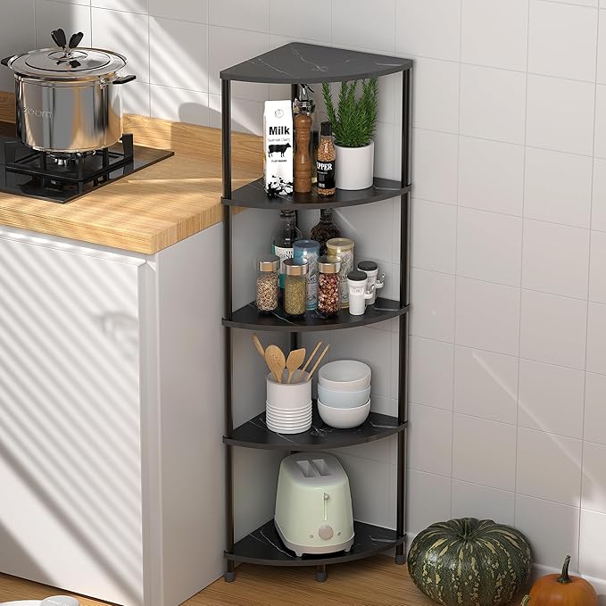 Book Shelf Corner Shelf, 5 Tier Corner Bookshelf Display for Living Room Decor, 44.1" Standing Bookcase Organizer, Marble Black Storage Shelves for Bedroom, Bathroom, Small Space