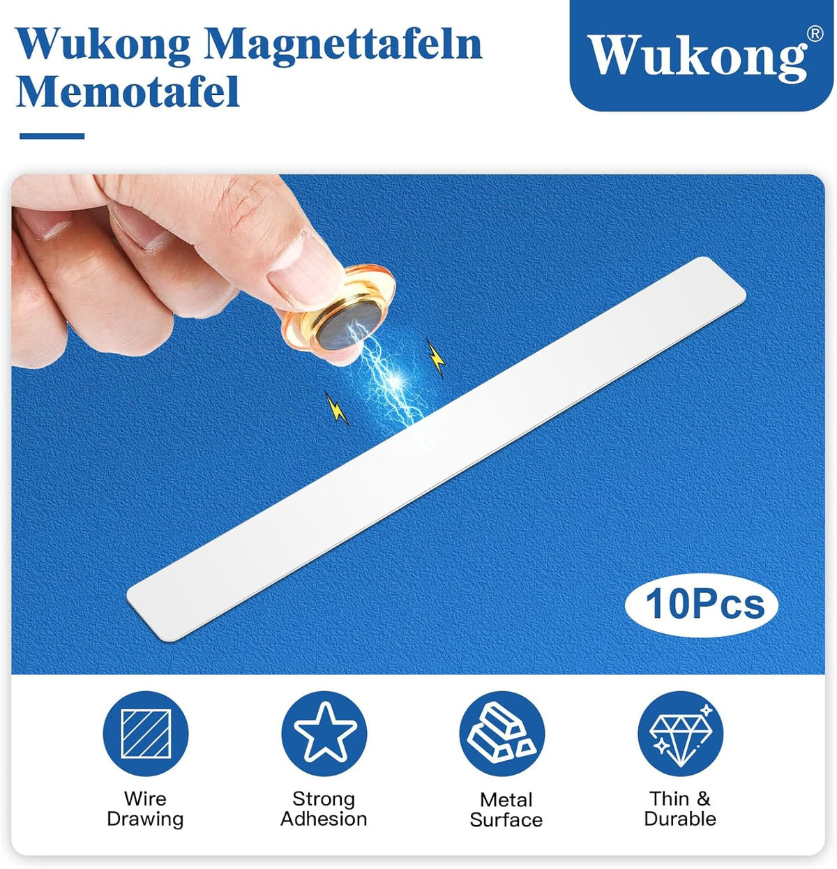 Wukong 10 Pack | 30x3cm(11.81 x 1.18) Magnetic Stainless White Boards Strips, Adhesive Backing Bulletin Bar Board, Memo Board with 32Pcs Colorful Magnets for Office, Home, Photo Wall, Documents
