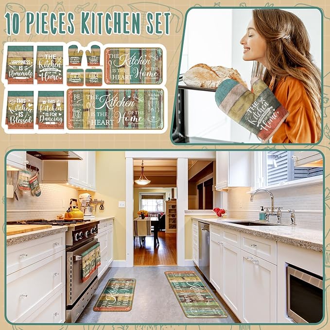 Fourluoo 10 Pcs Farmhouse Kitchen Decor and Accessories Set 4 Kitchen Towels 2 Pot Holders 2 Oven Mitts 2 Rugs for Cooking Baking Mom Housewarming Gifts(Vintage Wood Grain,Classic Style)