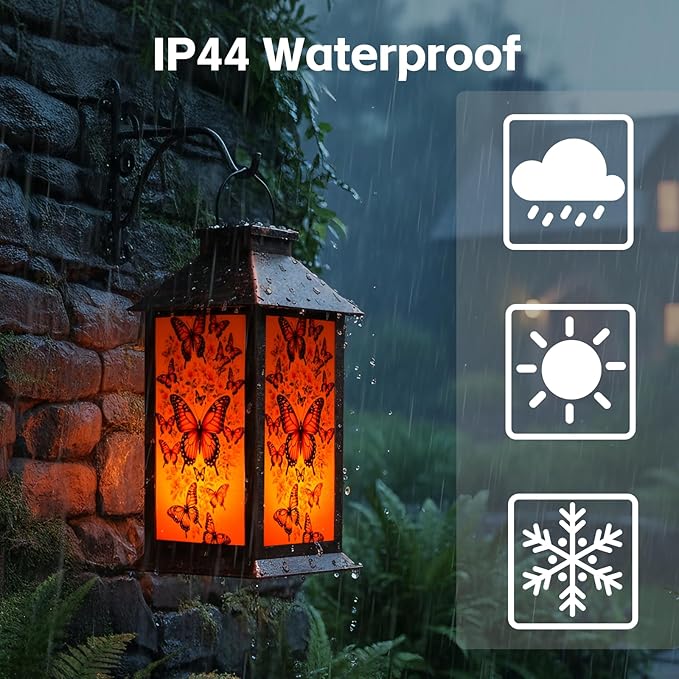 Homemory Hanging Solar Lanterns Outdoor Waterproof, Solar Butterfly Lights with LED Flickering Flameless Candles, Gifts for Women Mom, Outside Lantern Decoration Garden Yard Patio Lawn Porches Park