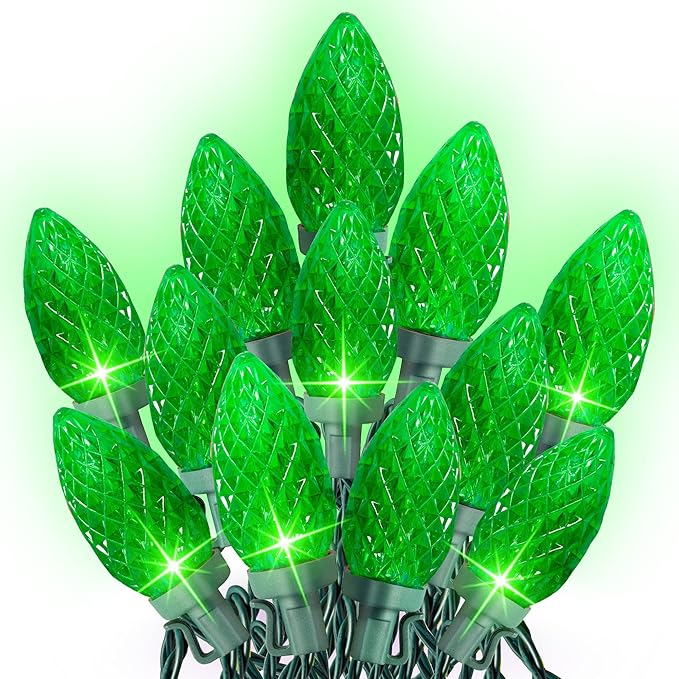 Dazzle Bright C9 Christmas String Lights, Waterproof Connectable Green Wire Fairy Lights, Christmas Lights for Indoor Outdoor Home Yard Xmas Tree House Decorations (Green, 50 LED)