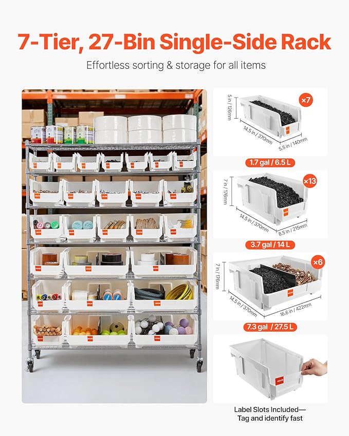 VEVOR 7-Tier Rolling Bin Storage Rack, 26 Organizer Bins, Bin Rack Storage Steel Wire Shelving System with Wheels, Mobile Tool Organizer for Garage, Warehouse, Office, Restaurant, Kitchen, Classroom