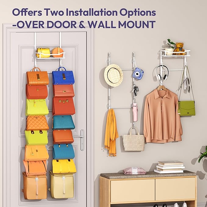 SWTYMIKI Over The Door Purse Organizer - Wall Mounted Purse Rack with 16 Hooks and Metal Basket, Hanging Handbag Storage Organizer Holds up to 16 Bags, Bag Rack Can Use As 1/2 Part, for Door, Closet