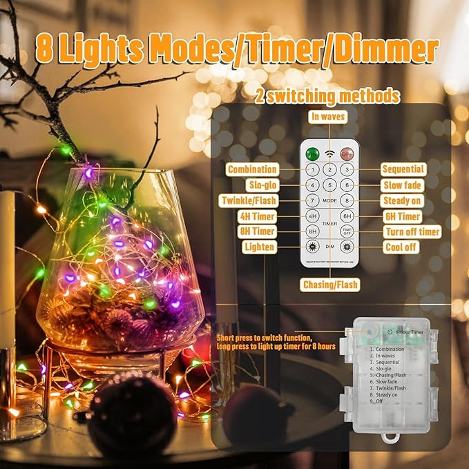 LAMPHOME 100 LED 33FT Halloween Fairy Lights Battery Operated with Remote, Mini Starry String Lights,Multi Functions & Timer, Twinkle Light for Home Bedroom DIY Centerpiece Decor,Orange Purple Green