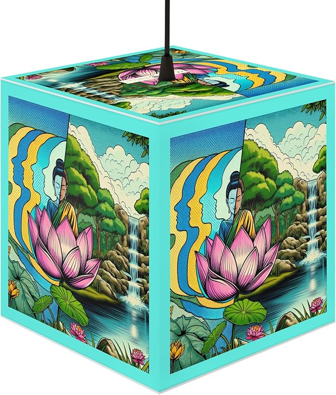 Decorative Custom Zen Garden Light Cube Lamp with Lotus Design, 11.7 x 11.5 x 11.5 inches, Turquoise