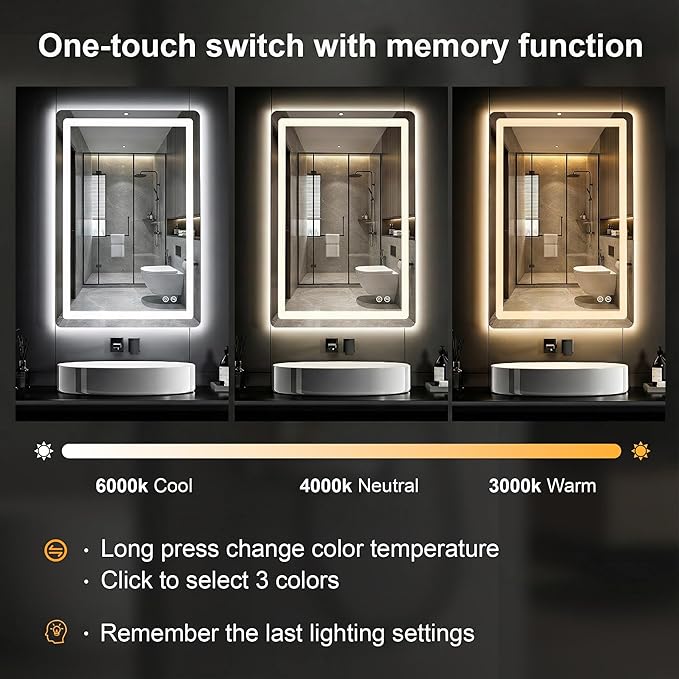 Bathroom Vanity Mirror with LED, 36" x 24" Led Bathroom Vanity Mirror with Light for Wall, IP54 Enhanced Anti-Fog, Dimmable 3 Colors, Memory Function, Backlit and Front Lit, Plug-in/Hardwired