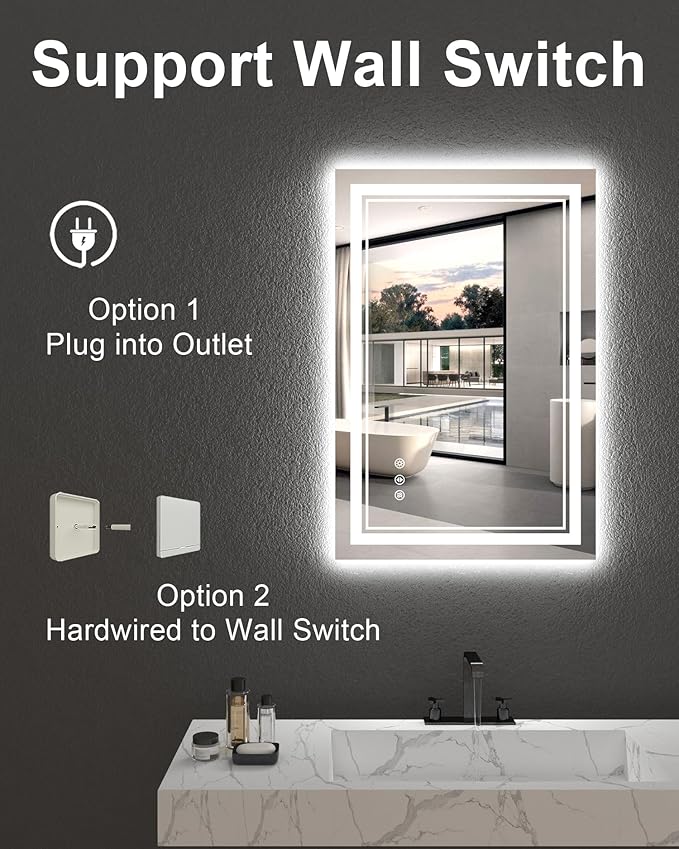 24x36 Inch Bathroom Mirror with Lights, LED Vanity Mirror for Bathroom Wall Mounted with Threefold Brightness by 2 Front Lights & 1 Backlit, Anti-Fog, Stepless Adjusted, Unbreakable Tempered Glass