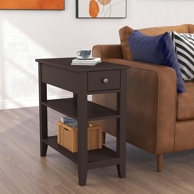 ChooChoo Side Table Living Room, Narrow End Table with Drawer and Shelf, 3-Tier Sofa End Table for Small Space, Espresso