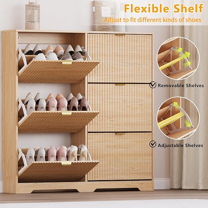 Large Shoe Cabinet for Entryway, Tall Narrow Shoe Storage Cabinet with 6 Flip Drawers and Adjustable Shelves, Shoe Rack Cabinet Organizer for Hallway, Foyer, Small Apartment