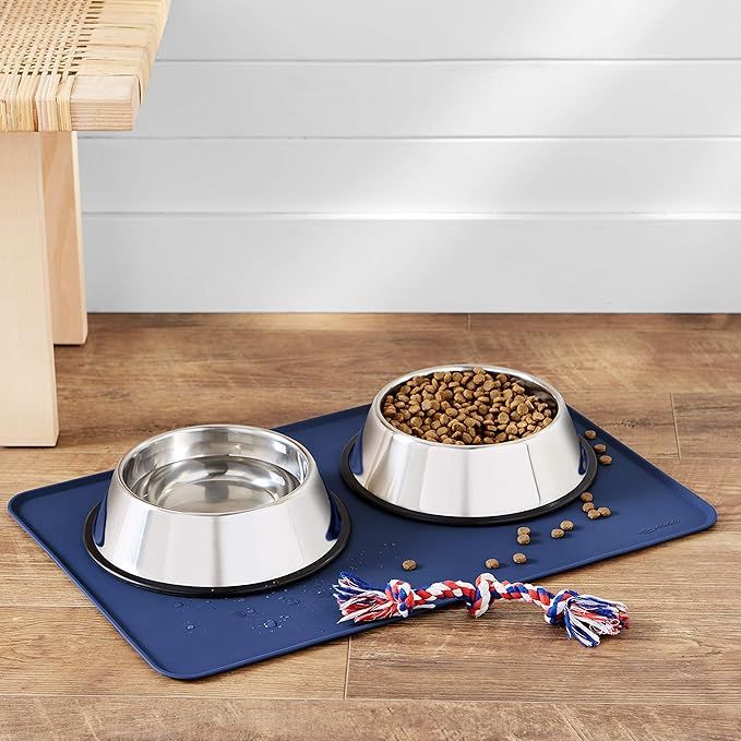 Amazon Basics Waterproof Anti-Slip Silicone Cat & Dog Food Mat, Pet Mats with Raised Edges for Food and Water Bowl to Protect Floors, 24 x 16 Inches, Blue, Solid