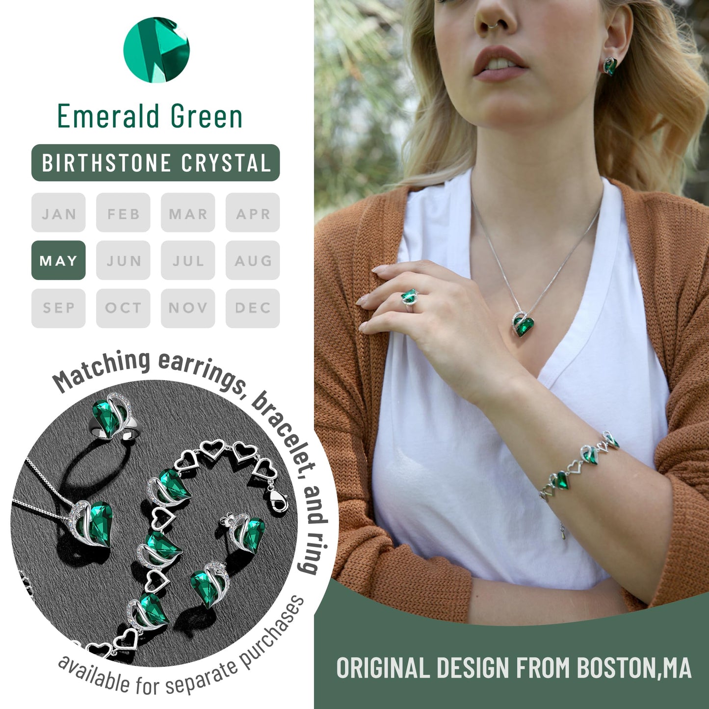 Leafael Necklaces for Women, Infinity Love Birthstone Heart Pendant with Emerald Green Crystal for May, Birthday Jewelry Gifts for Her, Mom, and Wife, Silver Plated, 18 plus 2 inch Adjustable Chain