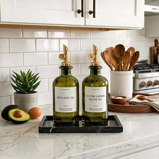 Verspace UV-Protected Green Glass Olive Oil Dispenser Bottles For Kitchen - Includes 40 Kitchen Essential Labels, Avocado Oil Dispenser Set, Modern Decor for Home, Airbnb, Cafe Set of 2