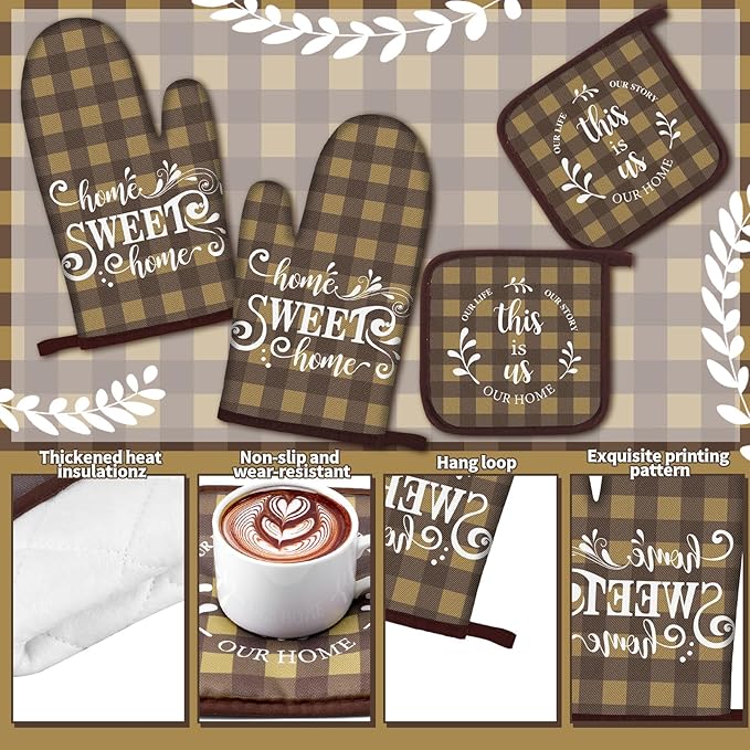 Fourluoo 10 Pcs Kitchen Set Kitchen Towels and Rugs Oven Mitts and Pot Holders Farmhouse Decor for Women Mom Gift Cooking Baking Grilling (Brown White)
