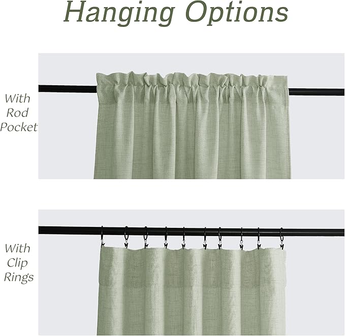 RYB HOME Linen Sheer Curtains and Drapes for Living Room and Dining Room 108 inches Length, Breathable Weave Textured/Rod Pocket Semi Sheer Curtains, Sage Green, W 52 x L 108 inches, 2 Panels Set