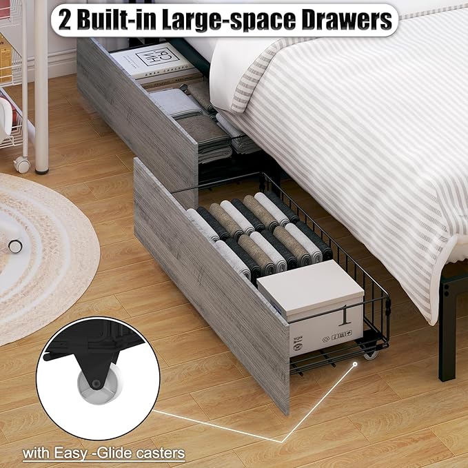 Corner Bed Frame Full with Storage, L Shaped Daybed for Kids,Full Corner Bed with Drawers, Shelves, RGB LED Lights & Charging Station, Sturdy Metal Kids Full Bed for Girls Boys,Gray