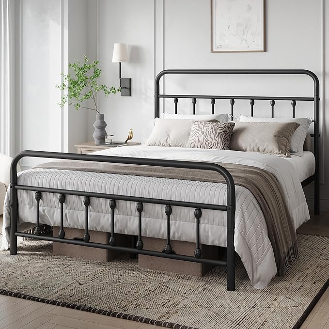 Yaheetech Classic Metal Platform Bed Frame Mattress Foundation with Victorian Style Iron-Art Headboard/Footboard/Under Bed Storage/No Box Spring Needed/Queen Size Black