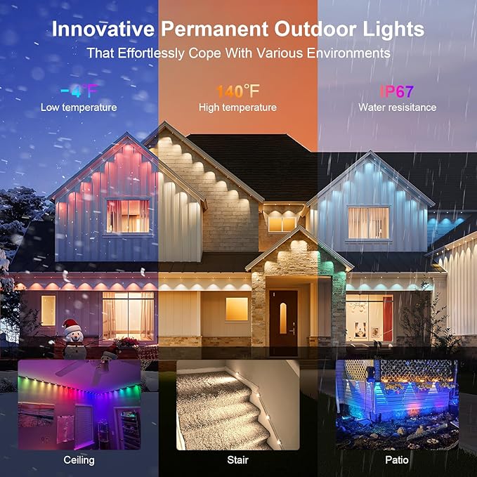 Permanent Outdoor Lights 100FT, Smart RGB+IC Eave Lights with Remote APP Control, DIY LED Color Individual, White & Colorful Christmas String Light, IP67 Waterproof for House Outside Decor