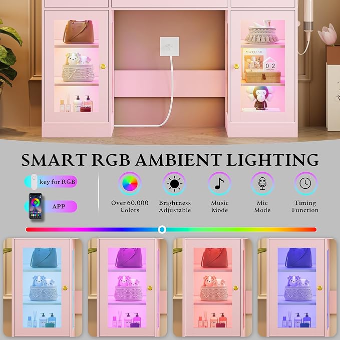 Vanity Desk With Mirror and Lights, Makeup Vanity Set with 3 Storage Drawers & Adjustable Shelves, Dressing Table with RGB Cabinets & Charging Station, 3 Lighting Modes for Women Kids Bedroom, Pink