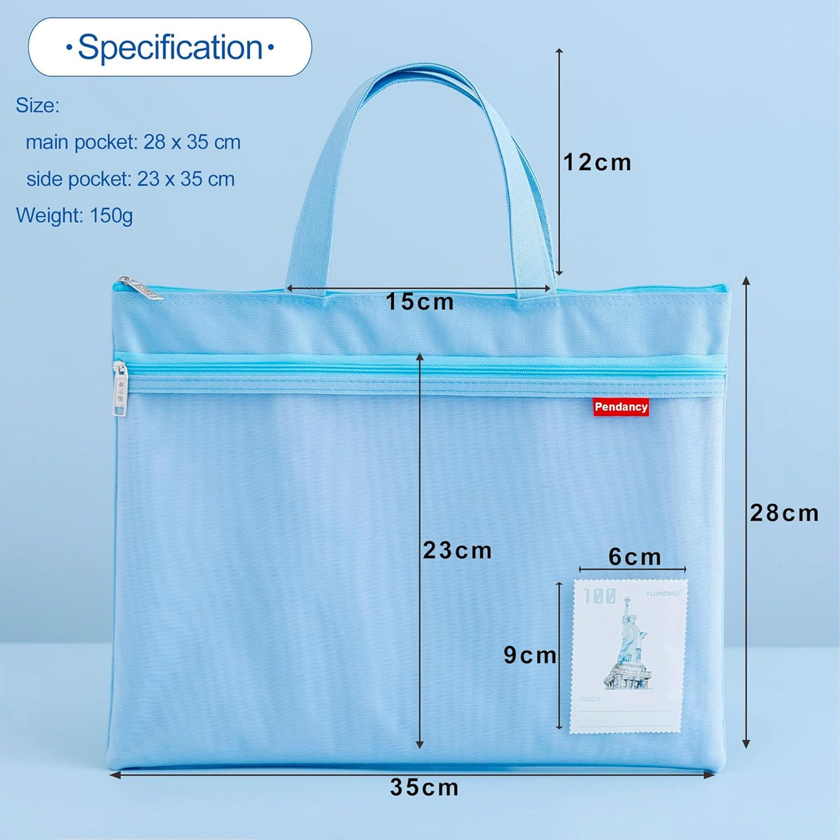 Pendancy Mesh Zipper Pouch 11x13.7 in, Large Double Pocket Waterproof File Bag with Handle, A4 Size Foldable Document Storage for Puzzle Project/Cross Stitch/Travel/Office（Blue）