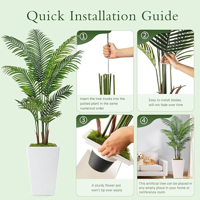 6FT Artificial Palm Tree, Tall Faux Palm Tree Indoor with Fake Plants Tall, Artificial Plants with Lifelike Leaves for Home Office Decor (White)
