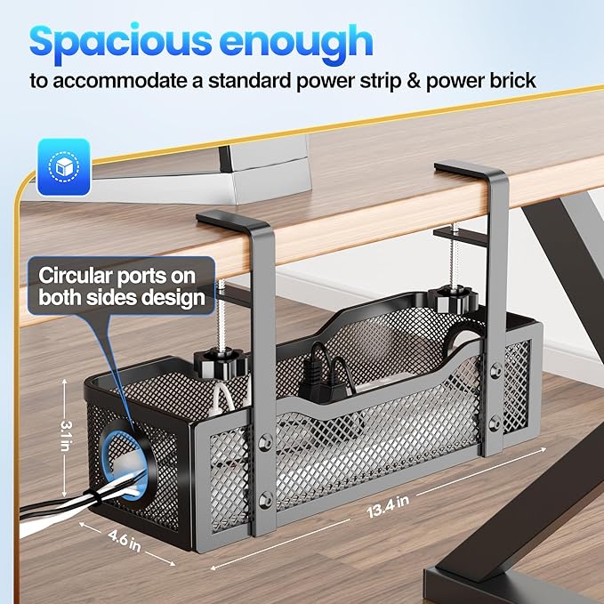 Cable Management Under Desk Tray, No Drill Cable Management Box With Clamp for Wire Organization, Cord Organizer for Office, Home - No Damage to Desk (Black)