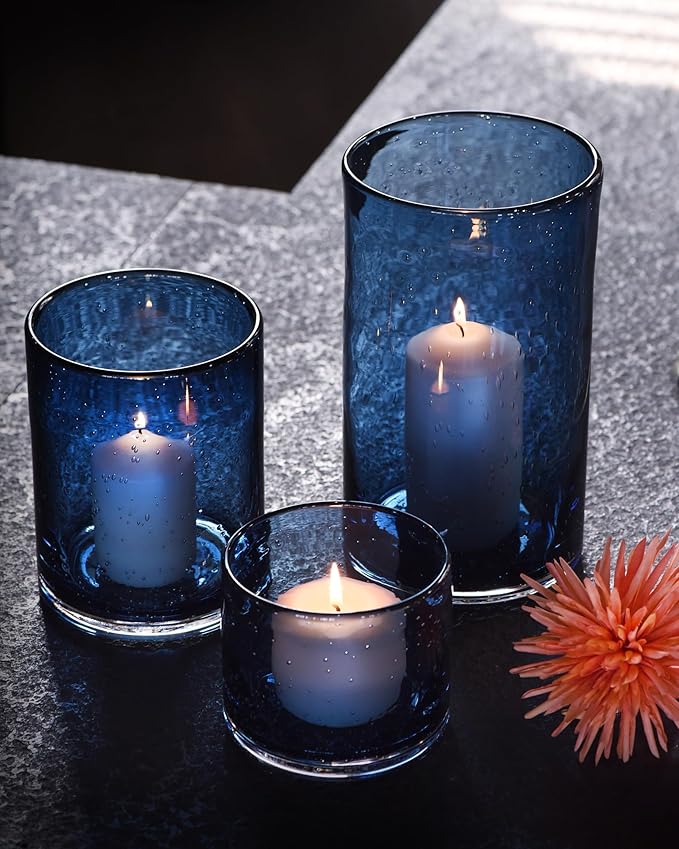 ARIAMOTION Glass Hurricane Candle Holders Bulk for Pillar Blue Seeded Bubbles Cylinder Table Centerpiece Modern Rustic Vases Home Decor 10" 7" 4" Set of 3