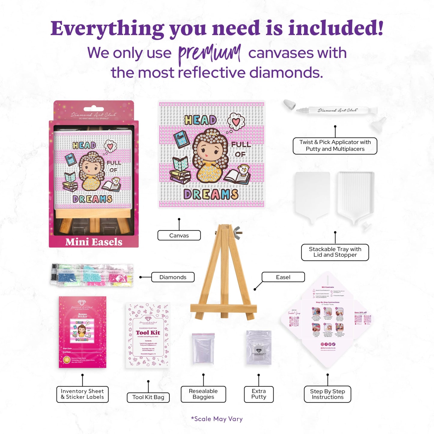 DIAMOND ART CLUB Mini Easels – Head Full of Dreams, Diamond Painting Kit, Fun DIY Crafts for Adults, Diamond Art Canvas for Beginners, 3.9" x 3.9"""