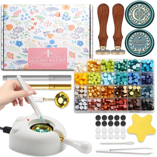 VSECUON Flower Initial Alphabet C & Eucalyptus Wax Seal Stamp Kit with 2 Brass Heads Electric Wax Seal Warmer 600 Sealing Beads Ideal for Wedding Invitation Gift Wrapping Christmas (Floral C Kit)