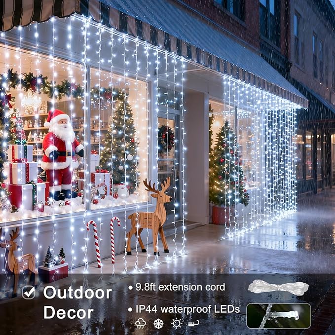 JMEXSUSS 9.5x29.5ft Curtain Lights Indoor Outdoor Decor with Remote, 900LED White Christmas Lights Plug in, Hanging String Lights for Bedroom, Wall, Window, Patio, Garden, Wedding, Reception, Backdrop