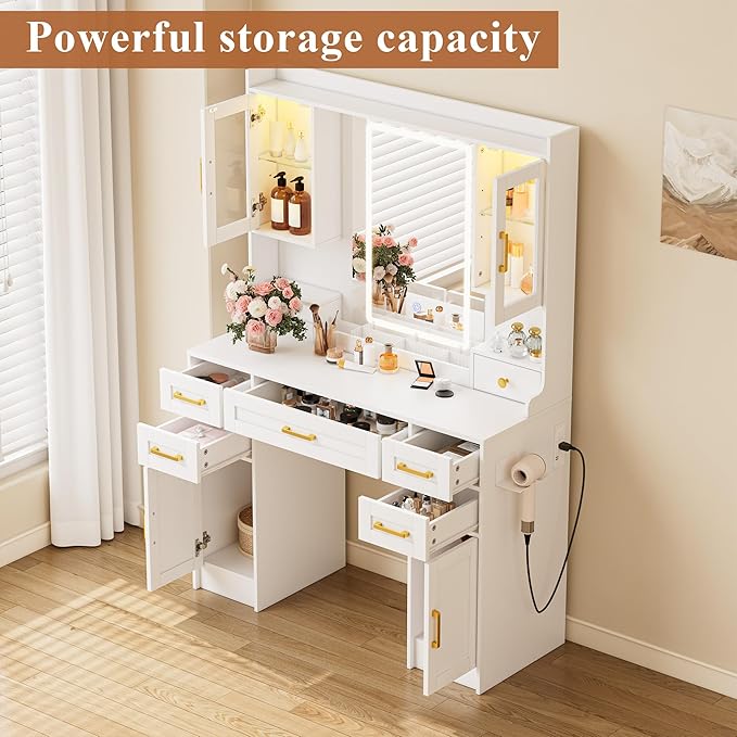 NUNU LAB Makeup Vanity Desk with Mirror and Lights, White Dressing Table with Charging Station, Makeup Vanity with RGB Cabinets and 7 Drawers RGB Cabinets, 3 LED Light Modes (043 White)