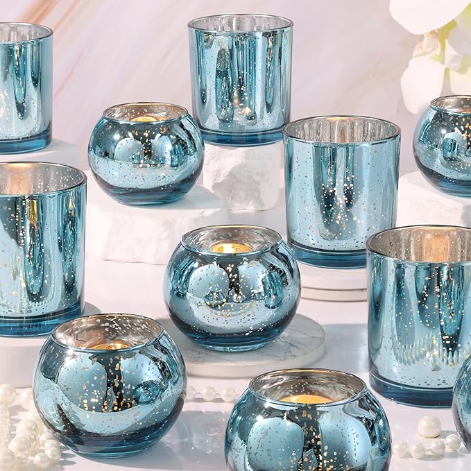 10 Pcs Assorted Lake Blue Votive Candle Holders, Larger Size Mercury Glass Candle Holder, Tealight Candle Holders for Wedding Decorations, Bridal Shower Table Decorations, Lake Blue Centerpieces